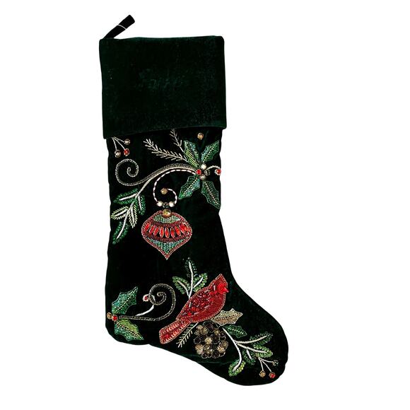 Neiman Marcus Embellished Green Velvet Christmas  Cardinal Stocking Holiday NEW - Picture 2 of 11